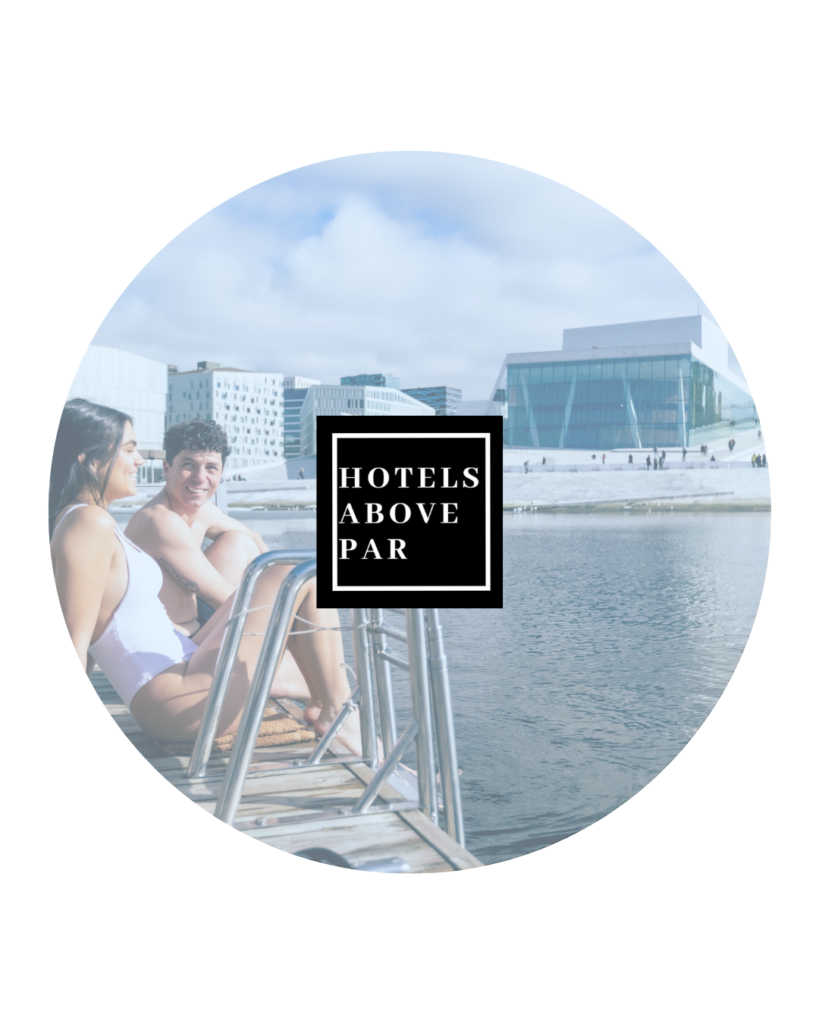 Hotels above par logo on a picture of a floating sauna