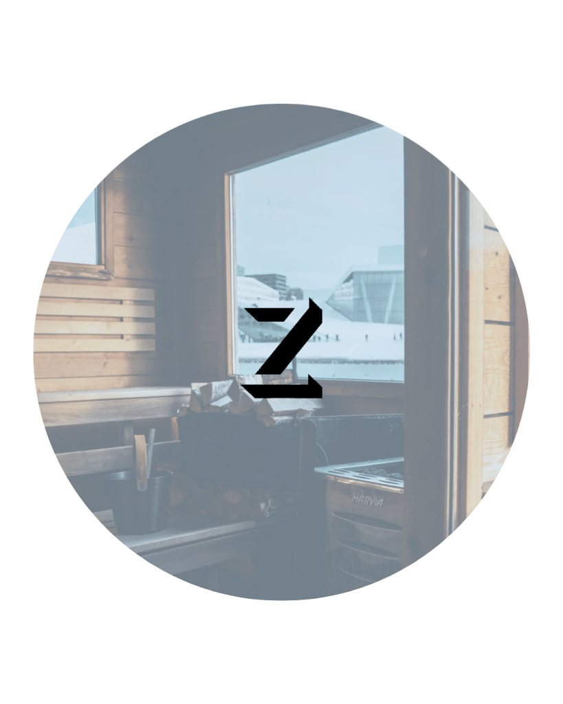 The logo of Z magazine on a picture of the interior in a floating sauna at Langkaia